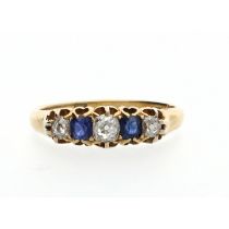 Antique 18ct yellow gold sapphire and diamond claw-set five stone ring, width 6mm, 3.4gm, ring