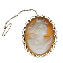 Oval carved shell cameo brooch in a 9ct mount with safety chain, depicting a profile of a lady, 8.