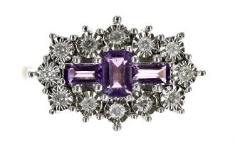 Modern 9ct yellow gold 'boat style' amethyst and diamond cluster ring, the amethysts 0.58ct in
