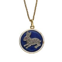 Attractive 18ct guilloché enamel circular pendant, modelled with a rabbit set with rose diamonds and