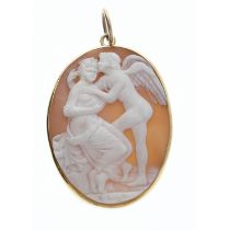18ct yellow gold oval shell cameo pendant, with depiction of a a women and angel, 9.1gm, 51mm x 31mm