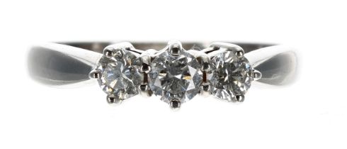 Modern 18ct white gold three stone diamond ring, round brilliant-cuts, 0.50ct, clarity SI2, colour