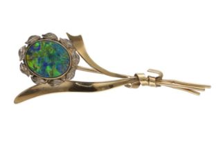 Doublet black opal set spray brooch, stamped '10k', 3.9gm, 56mm