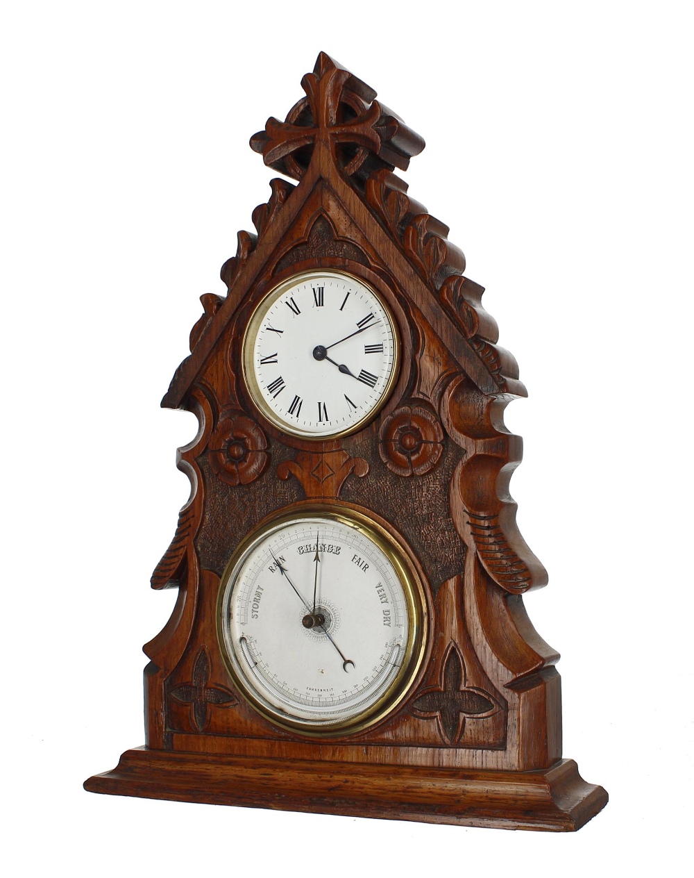 Gothic carved oak shelf clock / barometer compendium, the case with a roof pitch surmounted by a