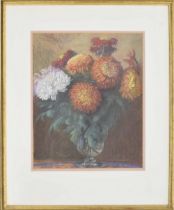 English School (20th century) - Still life of Chrysanthemums in a glass vase, inscribed on a later