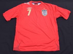 David Beckham, England - Short sleeved red (away) football shirt, Umbro, Beckham 7 printed to the