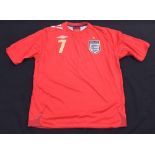 David Beckham, England - Short sleeved red (away) football shirt, Umbro, Beckham 7 printed to the