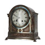 Good architectural arch top silver plated two train mantel clock, the 5" dial signed Miller, London,