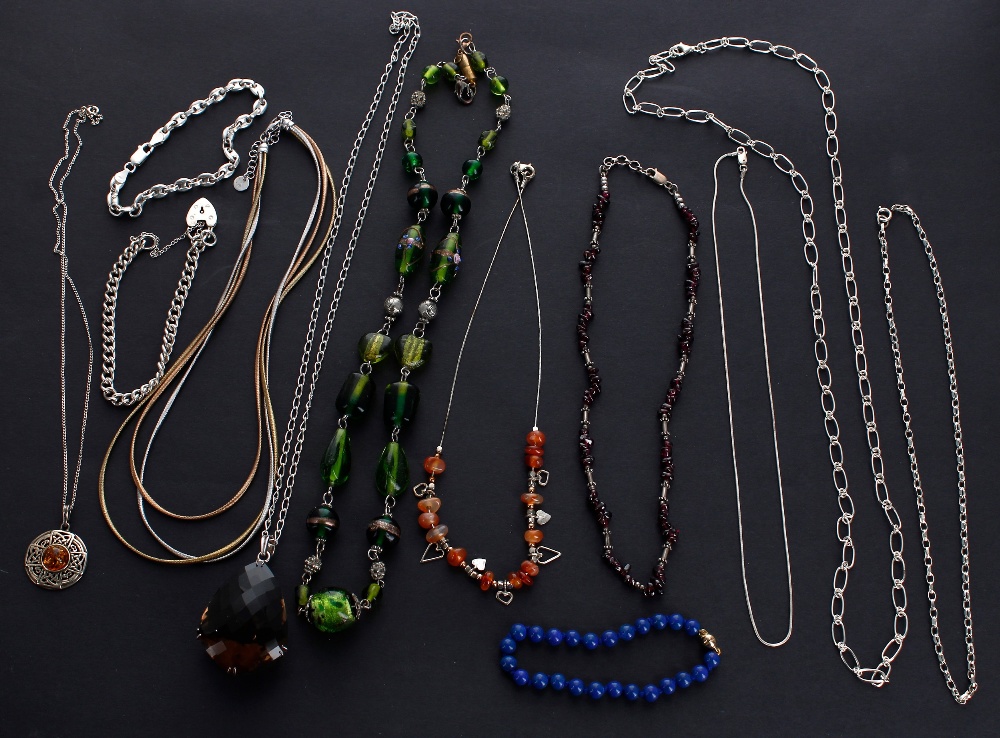 Group of 925 silver necklaces, bracelets and pendants on chains; together with some costume bead