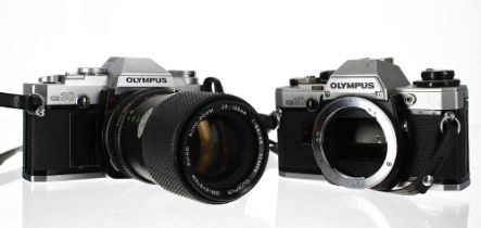 Olympus OM30 35mm camera, chrome, made in Japan, serial no.1068601, with Olympus OM-system zuiko