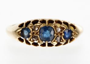 18ct yellow gold sapphire and diamond claw-set ring, width 7mm, 3.1gm, ring size Q