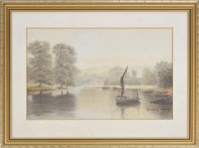 E* J* Duval (19th century) - river landscape with fishing boats, possibly a scene on the Thames with