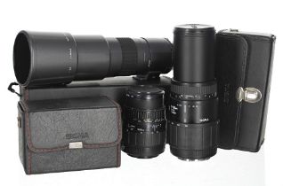 Three Sigma camera lenses; Sigma Zoom 28-80mm 1:3.5-5.6 Macro, made in Japan, no. 3135053; 70-
