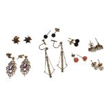 Eight assorted pairs of gold earrings to include seed pearls, tiger's eye, opal, coral, etc, 10.