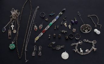 Collection of assorted mostly silver jewellery, to include a coloured hardstone bracelet, charm