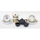 Wedgwood Basalt three piece tea set; together with a Wedgwood Dye Ken John Peel hunting scene jar,