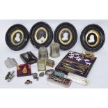 Group of interesting items to include a small French ormolu travel alarm clock with sliding back