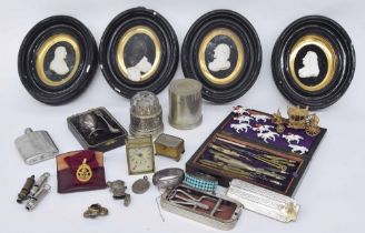 Group of interesting items to include a small French ormolu travel alarm clock with sliding back