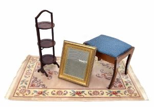 Cream rug 63"x 36"; together with a small decorative gilt frame mirror, dressing stool and a foldin
