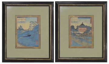 After Utagawa Hiroshige II (Japanese 1826-1869) - Pair of woodblock prints in colour on crepe paper,