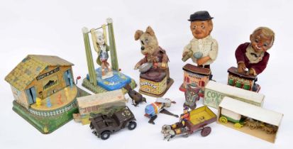 Group of vintage tin-plate mechanical toys; including "Trotty Trotty" pony cart toy, made in