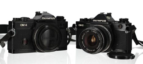 Olympus OM4 camera body, black, made in Japan, serial no.1060413; together with an Olympus OM2