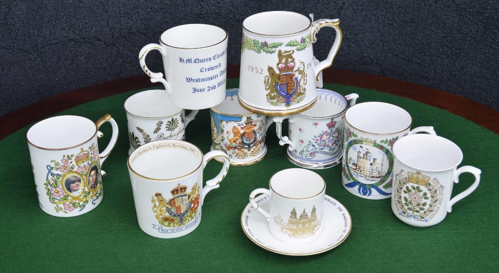 Group of commemorative porcelain beakers, including by Caverswall, Aynsley, Spode, Chinacraft etc (