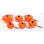 Le Creuset - graduated set of five pans with lids, colour flame, sizes 22, 20, 18, 16 and 14; also a