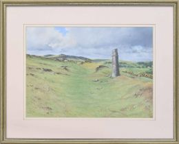 George Cutter (20th century) - Dartmoor landscape with the chimney of an ancient tin mine, ponies