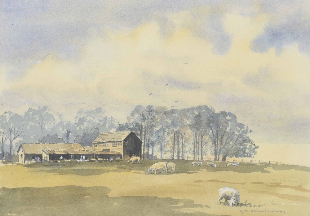 Alan O'Connor-Fenton (20th/21st century) - sheep grazing in a meadow with barns and trees beyond, - Image 2 of 2