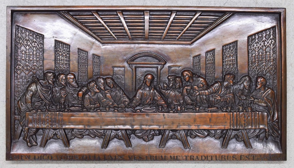 Copper plated cast iron repousse panel depicting The Last Supper, 26" x 14.5"