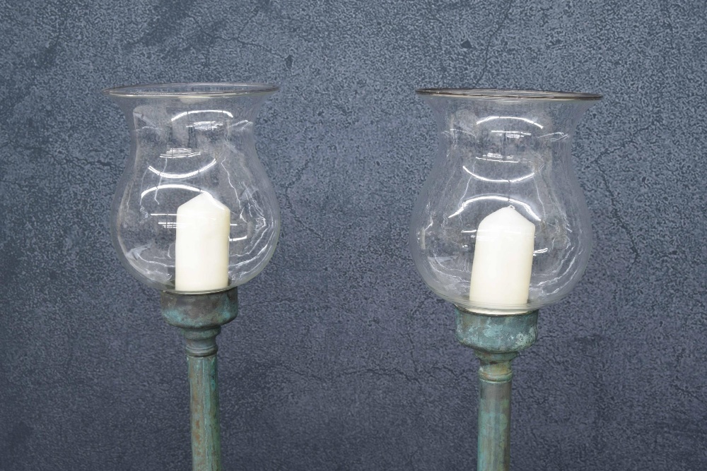 Good pair of French floor-standing copper Bougeoirs candle holders with shaped glass storm shades, - Image 2 of 2