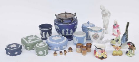 Small group of assorted Wedgwood Jasper ware porcelain pots and a jar with plated cover; together