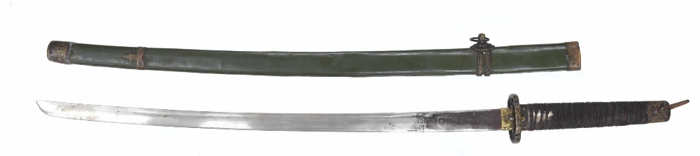 Japanese Katana, the 25" blade with a Mokko Gata shape tsuba and a metal Saya/scabbard