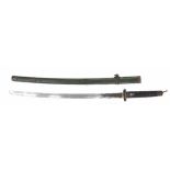 Japanese Katana, the 25" blade with a Mokko Gata shape tsuba and a metal Saya/scabbard