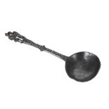 Dutch pewter marriage spoon, the finial modelled with a couple, 7" long