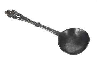 Dutch pewter marriage spoon, the finial modelled with a couple, 7" long