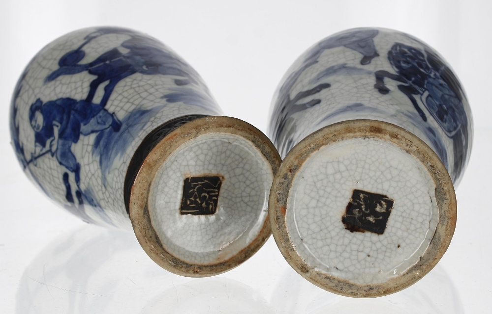 Pair of Chinese blue and white Nanking crackle glaze baluster porcelain urns, decorated with - Image 2 of 2