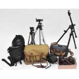 Group of assorted camera bags and leather carry cases; together with three metal camera tripods by