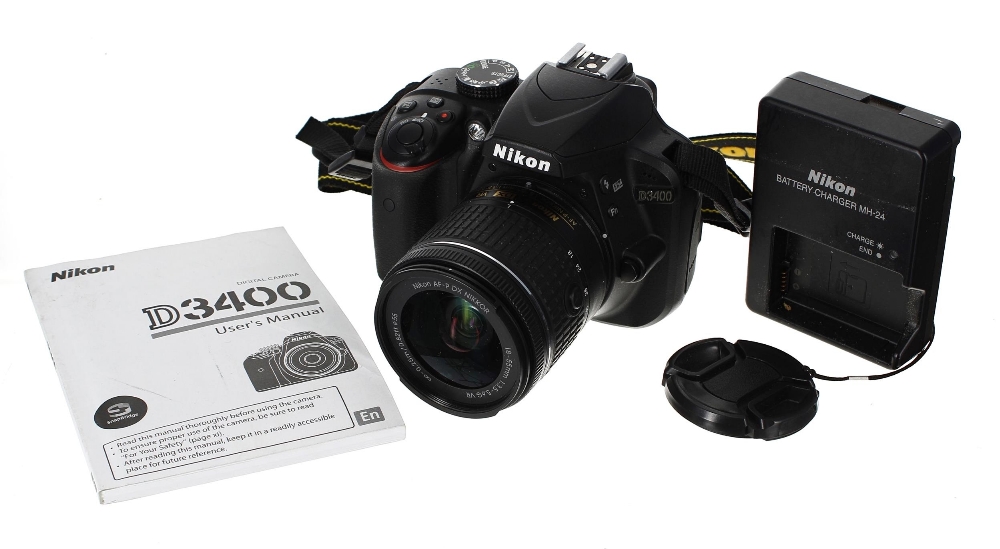 Nikon D3400 DSLR camera, made in Thailand, serial no.5044498, with a Nikon AF-P DX Nikkor 18-55mm