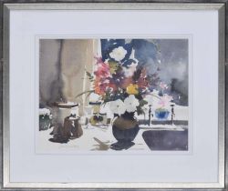 John Yardley Hon., Rtd., RI., (b. 1933) - Still life of flowers in a brown vase upon a draining