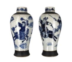 Pair of Chinese blue and white Nanking crackle glaze baluster porcelain urns, decorated with