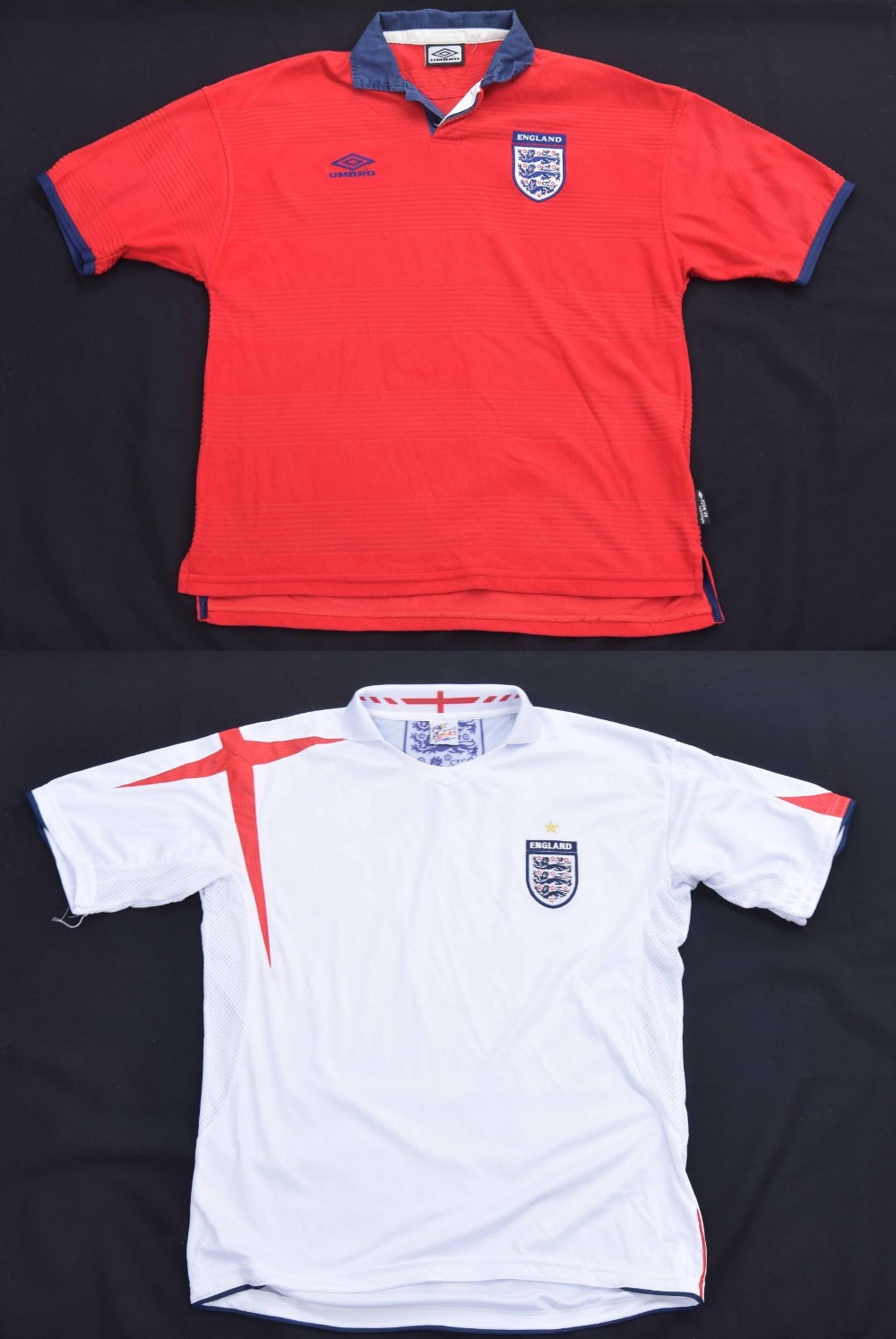 England - Short sleeved red (away) football shirt, Umbro, Form UV, circa 2000, size L; together with