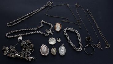 Selection of assorted silver jewellery, to include a charm bracelet, another bracelet, necklaces,