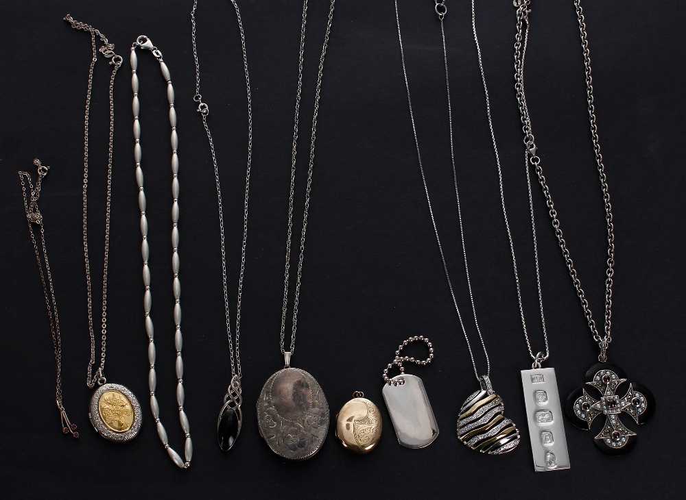 Assorted silver jewellery; hallmarked ingot pendant on chain, dog tag, stone set cross pendant on