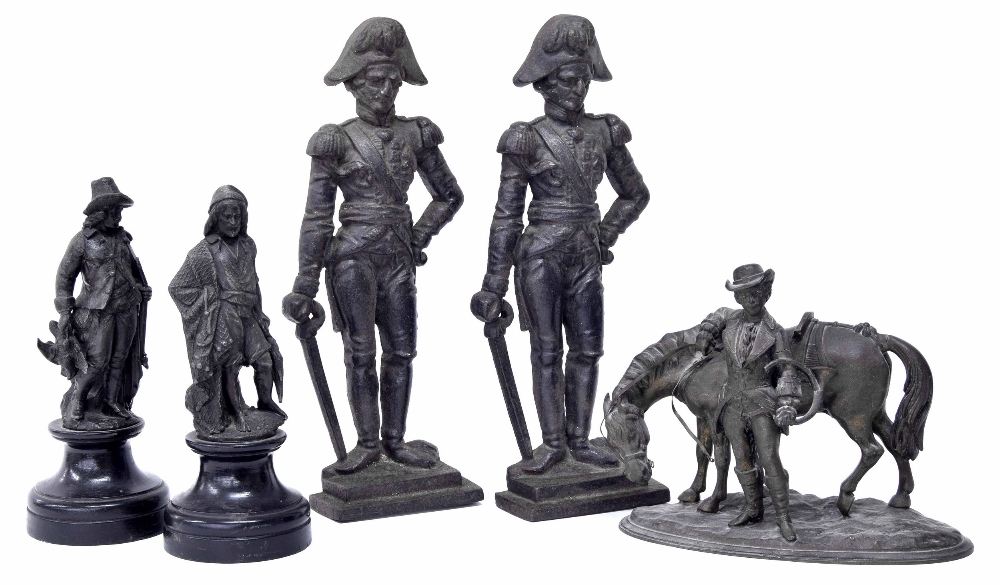 Pair of spelter figures of a fisherman and huntsman, mounted upon wooden circular socle, 9.5" high