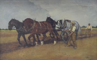 T. H. Quick - Two farmers ploughing with a group of four shire horses, signed also indistinctly