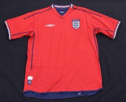England - Short sleeved red (away) football shirt, Umbro, circa 2002-2004