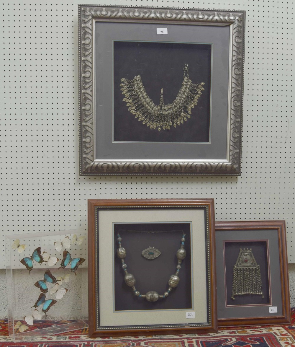 Bedouin jewellery - three box framed and mounted necklaces, largest frame 24" x 24"; also an