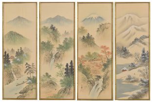 Japanese School (20th century) - The four seasons, a mountainous river landscape with figures on a